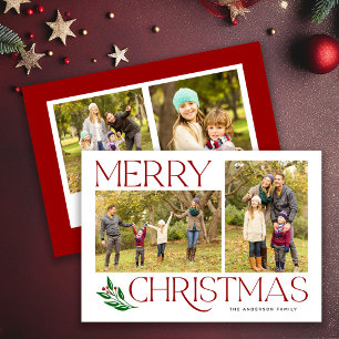 Classic Red Merry Christmas Photo Collage Holiday Card
