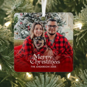 Classic Red Merry Christmas Vintage Lettering Metal Ornament