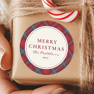Classic Red Navy Tartan Merry Christmas  Round Sticker