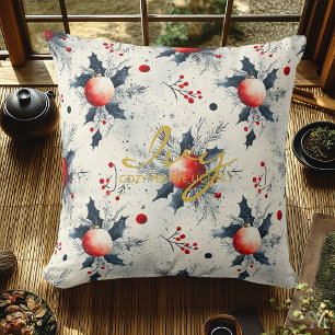 Classic Red Ornaments & Holly – Elegant Christmas  Throw Pillow