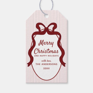 Classic Red Pink Stripes & Bow Frame Christmas Gift Tags