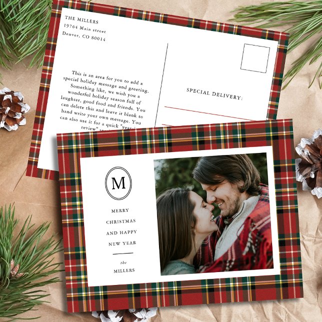 Classic Red Plaid Christmas Name Monogram 1 Photo Holiday Postcard (Creator Uploaded)