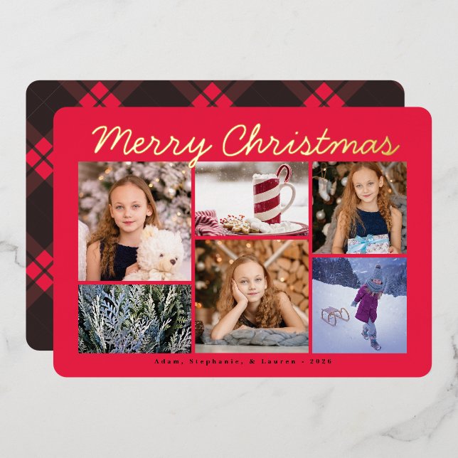 Classic Red Plaid Merry Christmas Foil Photo Card (Front/Back)