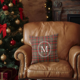 Classic Red Plaid Monogram Christmas Holiday Throw Pillow