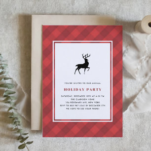 Classic Red Plaid Pattern Deer Holiday Party Invitation