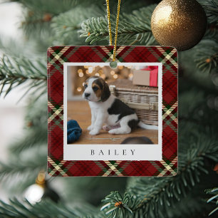 Classic Red Plaid Personalized Pet Dog Photo Ceramic Ornament