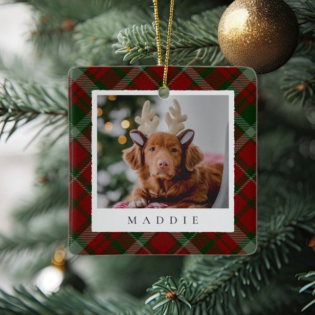 Classic Red Plaid Personalized Pet Dog Photo Ceramic Ornament (Creator Uploaded)