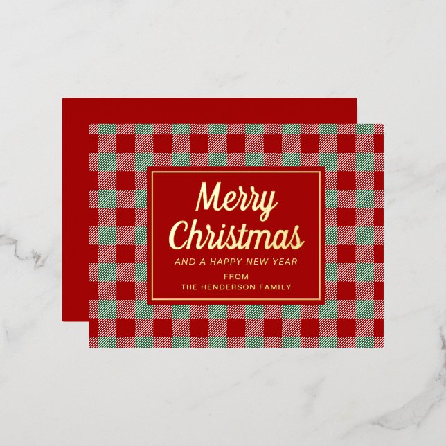 Classic Red Plaid Script Christmas Gold Foil Holiday Postcard (Front/Back)