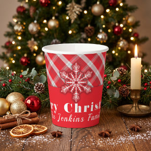Classic Red Plaid Snowflake Holiday Christmas Paper Cups