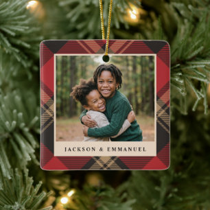 Classic Red Plaid Traditional Photo Christmas Ceramic Ornament