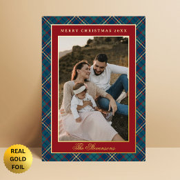 Classic Red Plaid Vintage Wreath Photo Christmas Foil Holiday Card