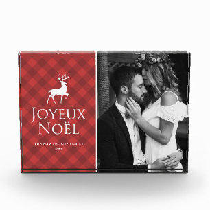 Classic Red Plaid with Deer Joyeux Noël Holiday Photo Block