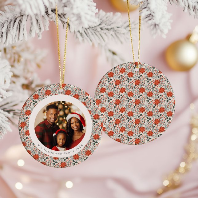 Classic Red Poinsettia 1 Family Photo Christmas Ceramic Ornament (Poinsettia Season 1 Sided Photo Christmas Ornament white)