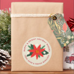 Classic Red Poinsettia Christmas Holiday Gift Clas Classic Round Sticker<br><div class="desc">Add a personal touch to all your holiday gifts this Christmas season with this large,  personalized sticker label. A background of warm grey beige and a central red poinsettia with green pine branches,  leaves and little blossoms are the centerpiece of this gift wrap sticker.</div>