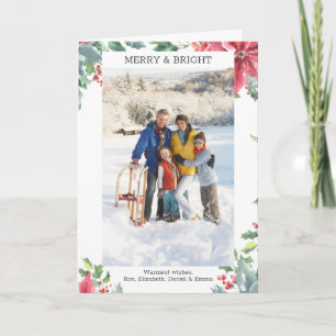 Classic Red Poinsettia Floral Custom Photo Holiday Card