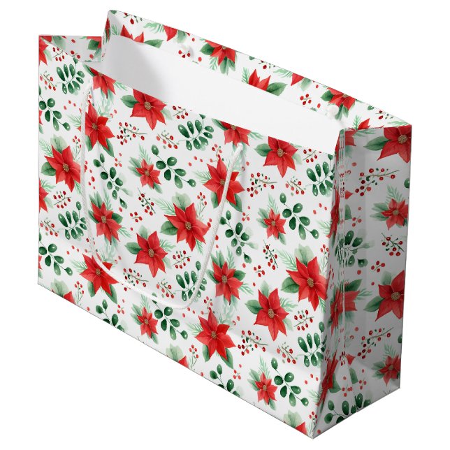 Classic Red Poinsettias Watercolor Style Pattern Large Gift Bag (Front Angled)