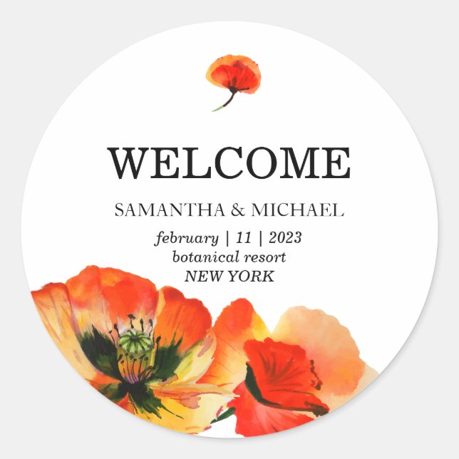 Classic Red Poppy Flower Wedding Classic Round Sticker (Front)