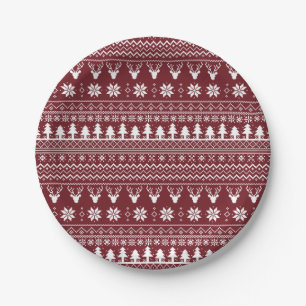 Classic Red Reindeer Christmas Sweater Pattern Paper Plate