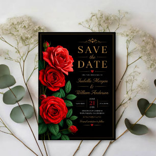 Classic Red Rose Elegant Black and Gold Floral Save The Date