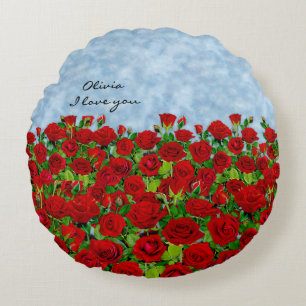 Classic Red Rose Garden Romantic Name Round Pillow