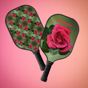 Classic Red Roses on Green Floral Personalized Pickleball Paddle