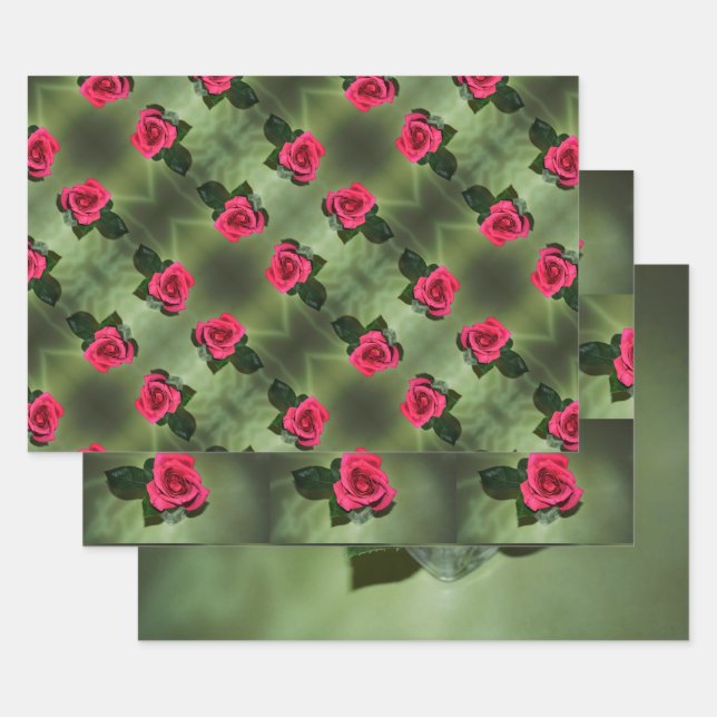 Classic Red Roses on Green Floral Wrapping Paper Sheet (Set)