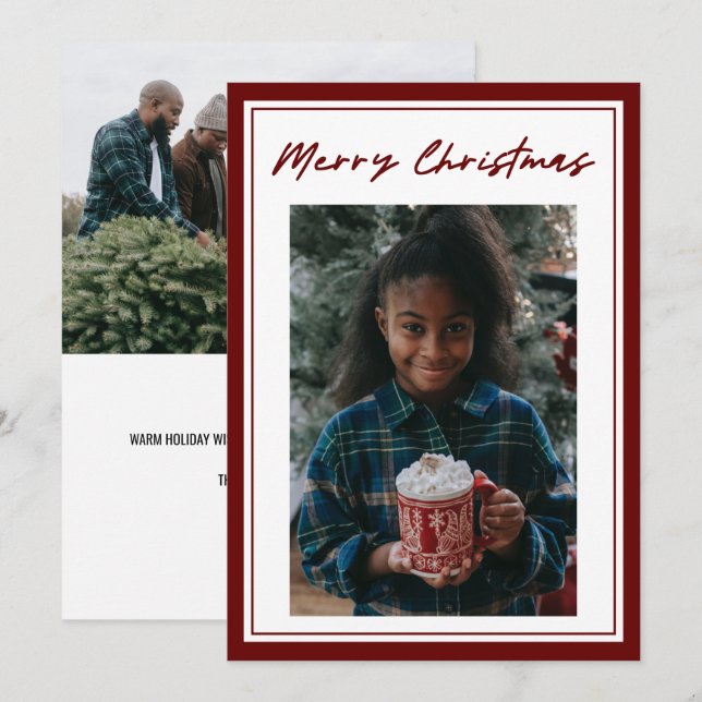 Classic Red Script 2 Photo Christmas Card (Front/Back)