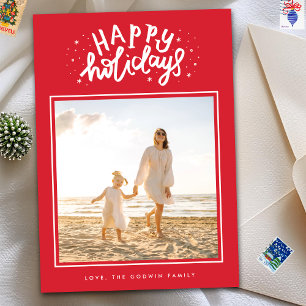 Classic Red Square Photo Retro Christmas Holiday Card