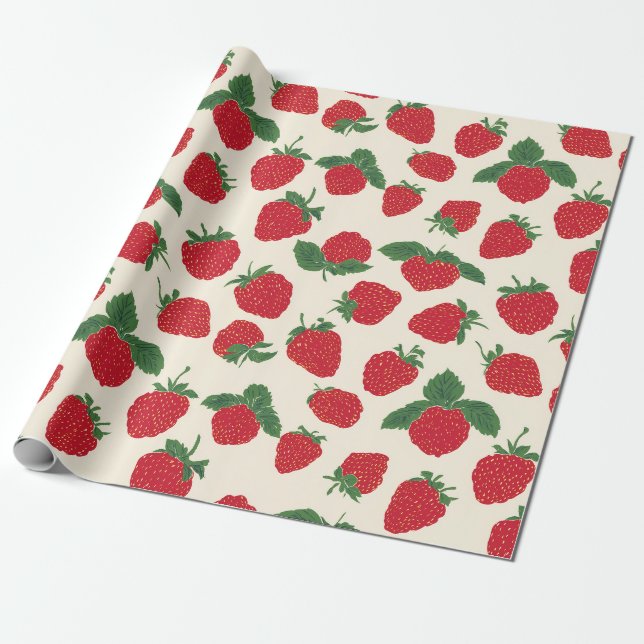 Classic Red Strawberry Pattern Wrapping Paper (Unrolled)