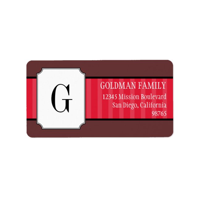 Classic red stripes monogram return address label (Front)