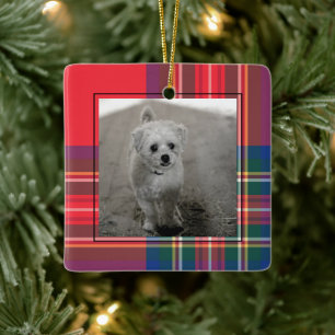 Classic Red Tartan Plaid Christmas Photo Modern Ce Ceramic Ornament