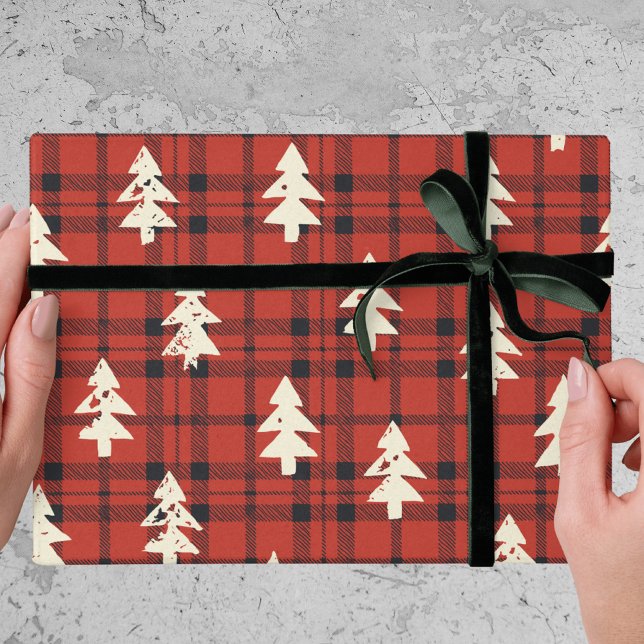 Classic Red Tartan Plaid Christmas Pine Trees Wrapping Paper (Creator Uploaded)
