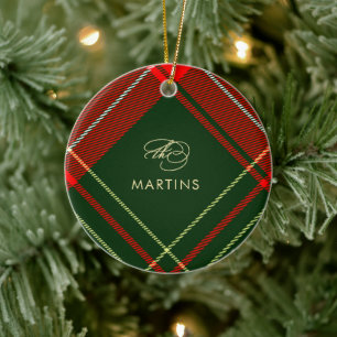 Classic Red Tartan Plaid Name and Photo Christmas Ceramic Ornament