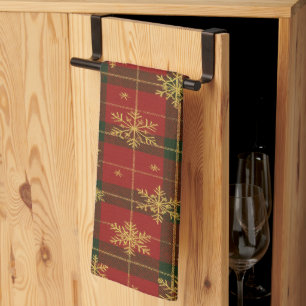 Classic Red Tartan with Golden Snowflakes Kitchen Towel