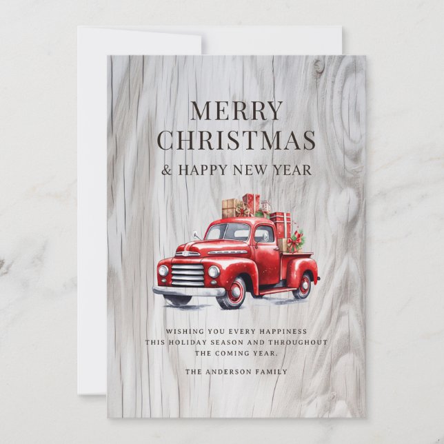 Classic Red Truck Christmas Presents Rustic Wood Holiday Card (Front)