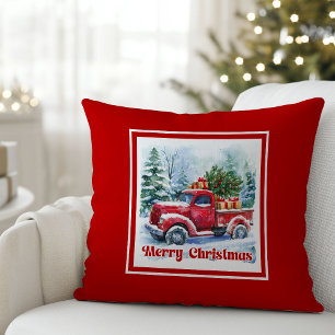 Classic red truck Christmas scene rustic holiday Throw Pillow
