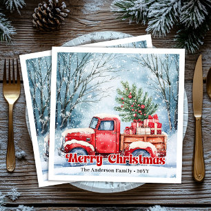 Classic red truck Christmas scene rustic napkins 