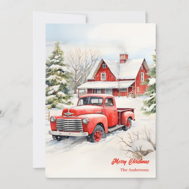 Classic red truck snowy cozy Christmas scene Holiday Card (Front)