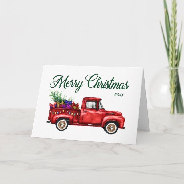 Classic Red Truck Tree Gifts Merry Christmas Year Card (Front)