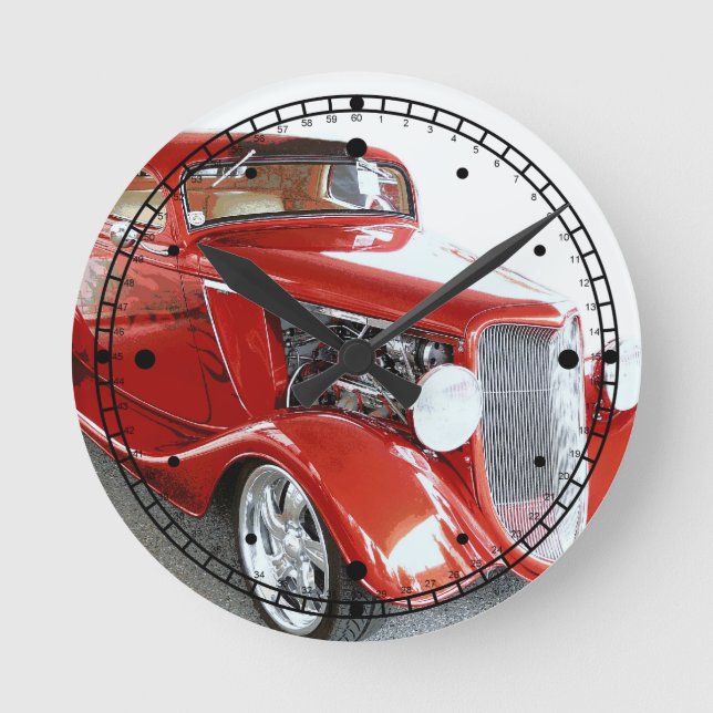 Classic Red Vintage Car on Show Round Clock (Front)