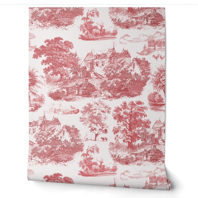 Classic Red Vintage French Chateau Toile Wallpaper (Unrolling)