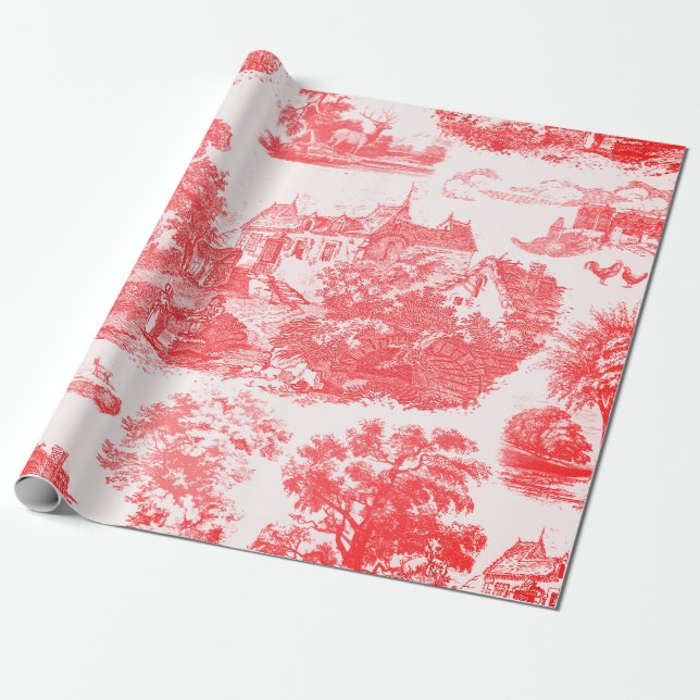 Classic Red Vintage French Country Toile Wrapping Paper (Unrolled)