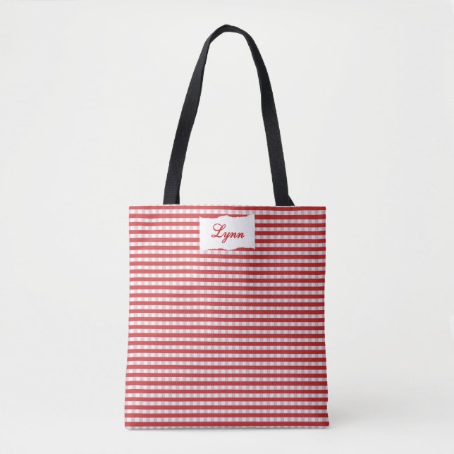 Classic Red & White Gingham | Personalized Name Tote Bag (Front)