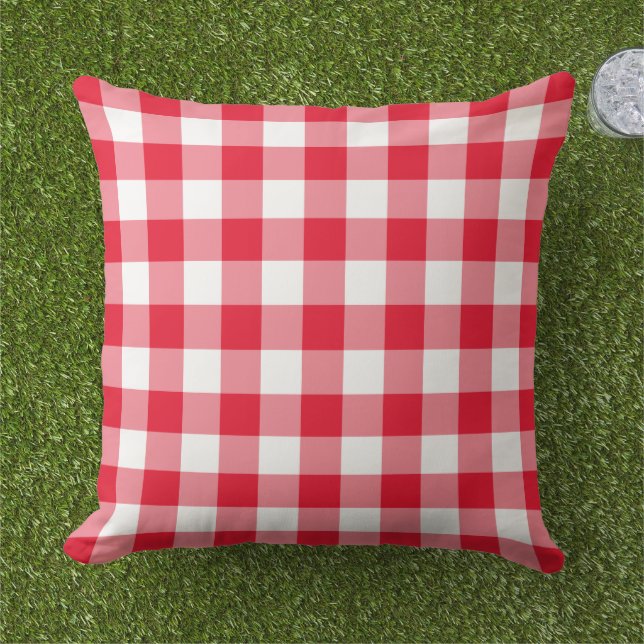 Classic Red White Gingham Plaid Check Outdoor Pillow (Grass)