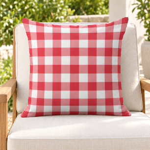 Classic Red White Gingham Plaid Check Outdoor Pillow
