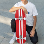 Classic Red White Gold Monogram Racing Stripes Skateboard<br><div class="desc">Create your own custom, personalized, classic red and white racing stripes, cool, stylish, classy elegant faux gold typography script, best quality hard-rock maple competition shaped skateboard deck. To customize, simply type in your name / monogram / initials. While you add / design, you'll be able to see a preview of...</div>