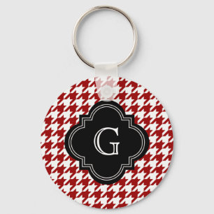 Classic Red White Houndstooth With Monogram Keychain