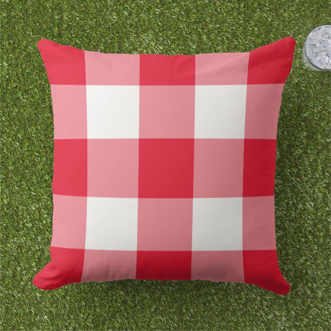 Classic Red White Large Gingham Check Outdoor Pillow (Grass)