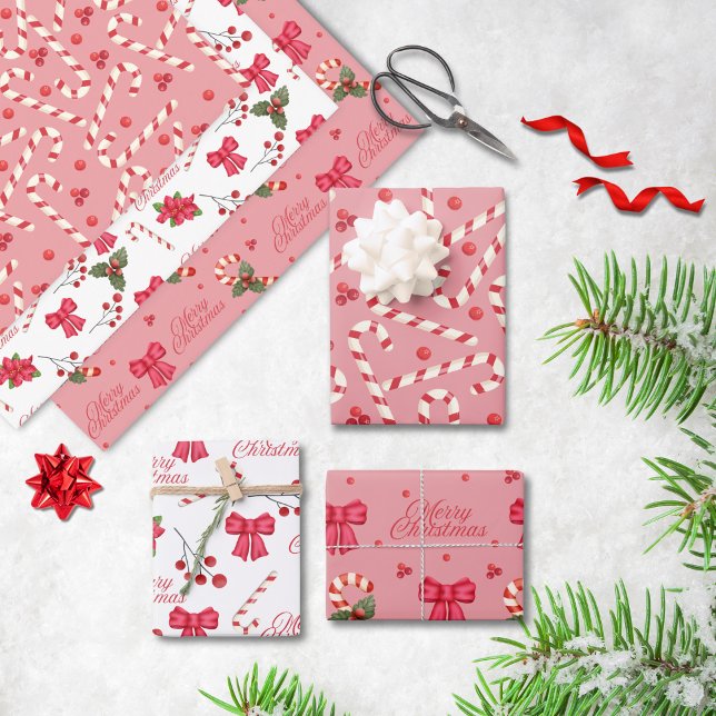 Classic Red White Merry Christmas Flower Ribbon Wrapping Paper Sheet (Creator Uploaded)