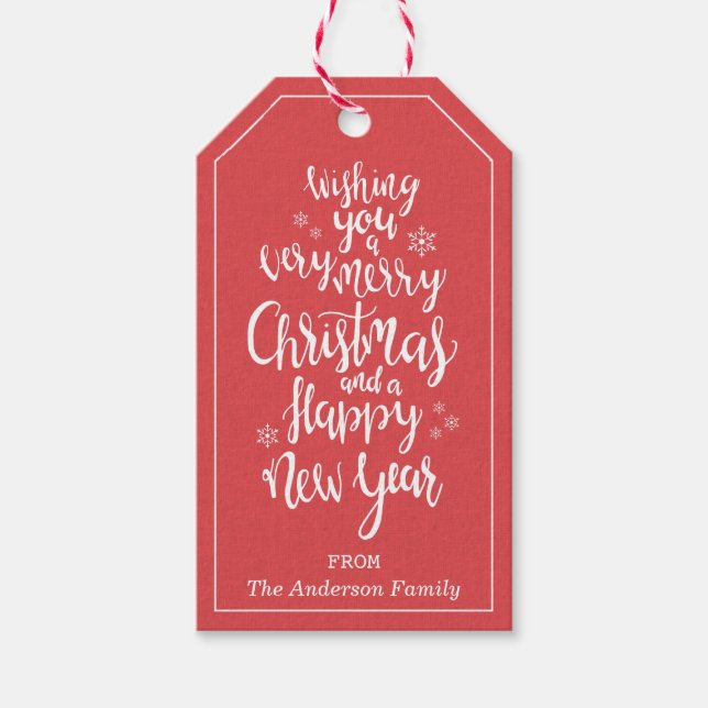 Classic Red White Merry Christmas Happy New Year Gift Tags (Front)